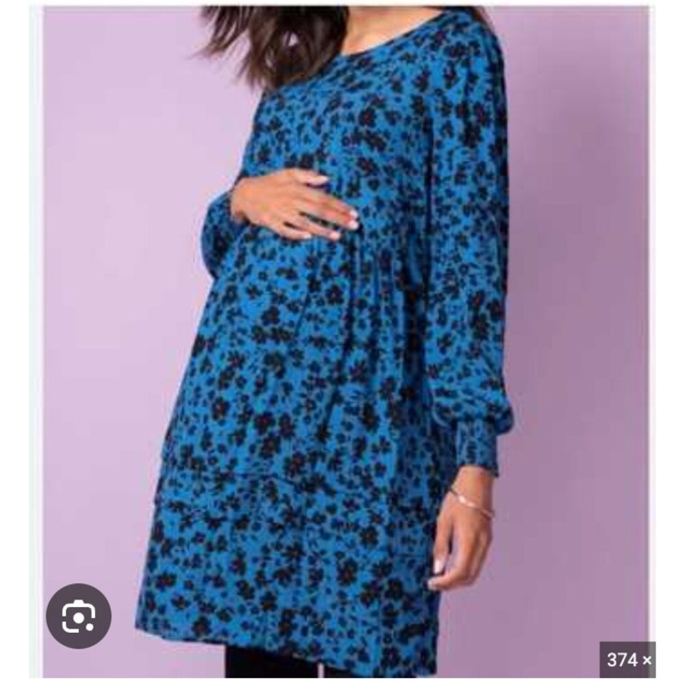 Seraphine Maternity Dress Womens 12 Blue Floral Long Sleeve Swing Trapeze Mini
